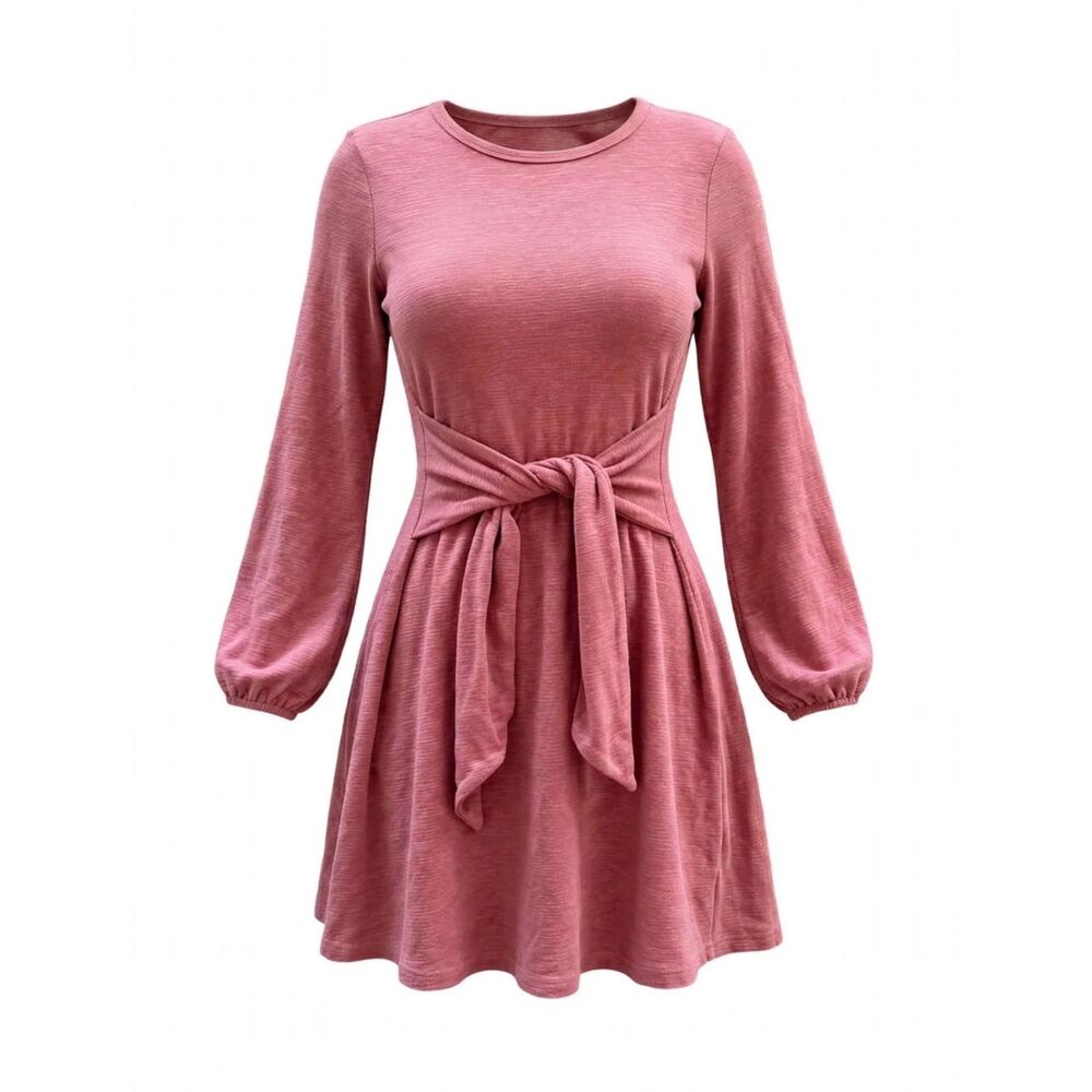 Pretty Garden Tie-Front Long Sleeve Mini Dress in Dusty Rose S